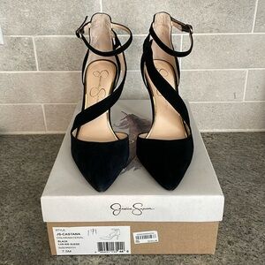 Black suede ankle strap pumps